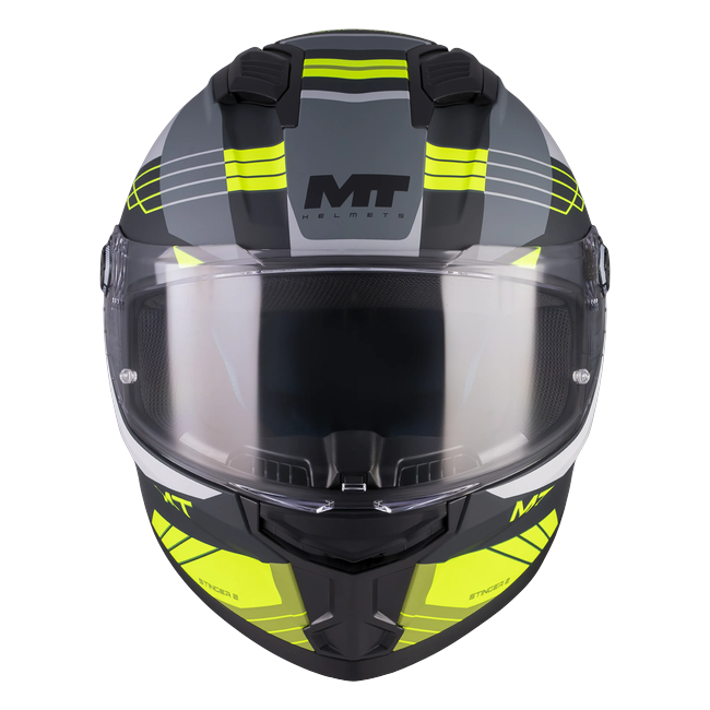 MT-Helmets Stinger 2 Baldur C3 full-face helmet in gloss white with fluorescent yellow — front view
