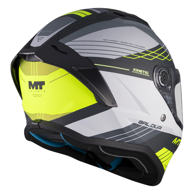 MT-Helmets Stinger 2 Baldur C3 full-face helmet in gloss white with fluorescent yellow — rear three-quarter view