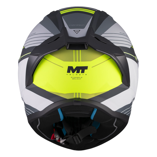 MT-Helmets Stinger 2 Baldur C3 full-face helmet in gloss white with fluorescent yellow — rear view
