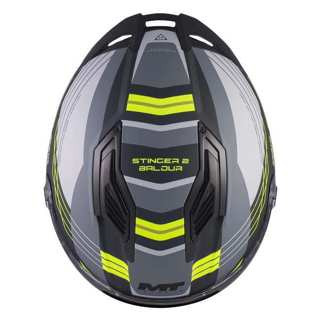 MT-Helmets Stinger 2 Baldur C3 full-face helmet in gloss white with fluorescent yellow — top view