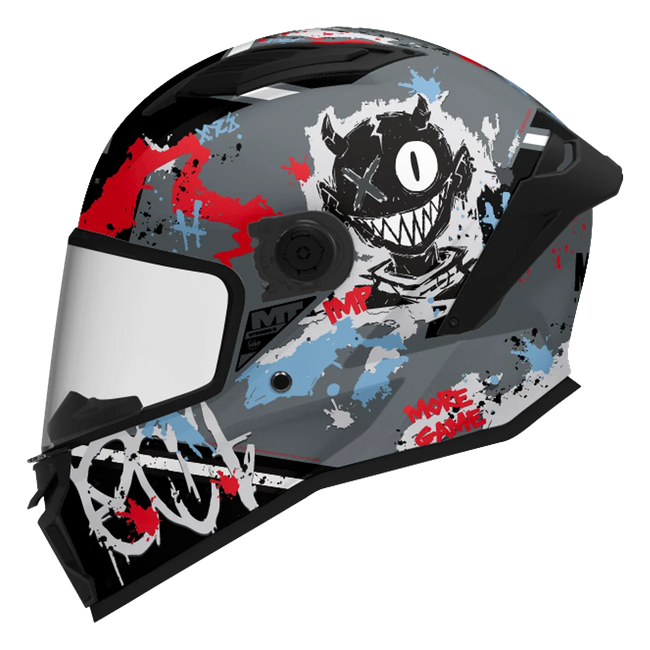 MT-Helmets Stinger 2 Imp C5 full-face helmet in matt grey with a red character graphic — side view