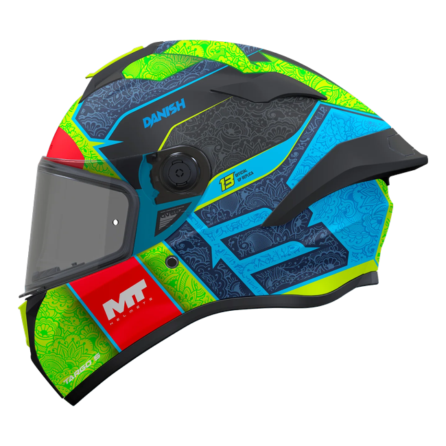 MT-Helmets Targo S Hakim Danish Brazil Replica 2026 full-face helmet in gloss fluorescent green, cyan and blue — side view
