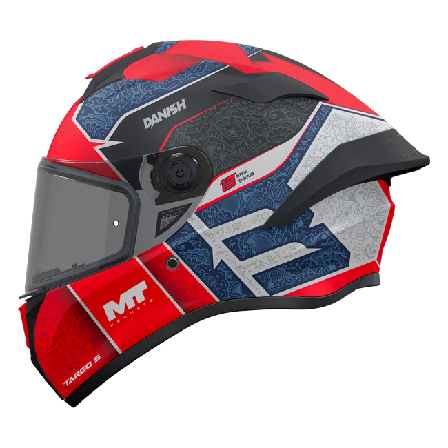 MT-Helmets Targo S Hakim Danish Replica 2026 full-face helmet in gloss red, blue and white — side view
