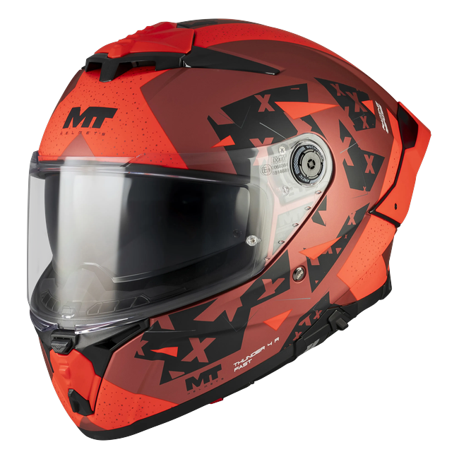 MT-Helmets Thunder 4 R SV Fast C5 full-face helmet in matt red with black angular graphics — side view