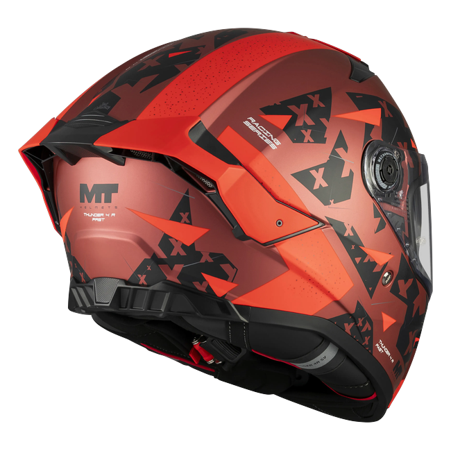 MT-Helmets Thunder 4 R SV Fast C5 full-face helmet in matt red with black angular graphics — rear three-quarter view