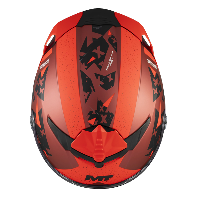 MT-Helmets Thunder 4 R SV Fast C5 full-face helmet in matt red with black angular graphics — top view