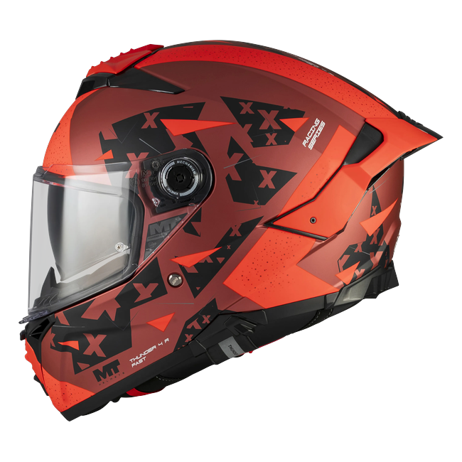 MT-Helmets Thunder 4 R SV Fast C5 full-face helmet in matt red with black angular graphics — side-visor-open