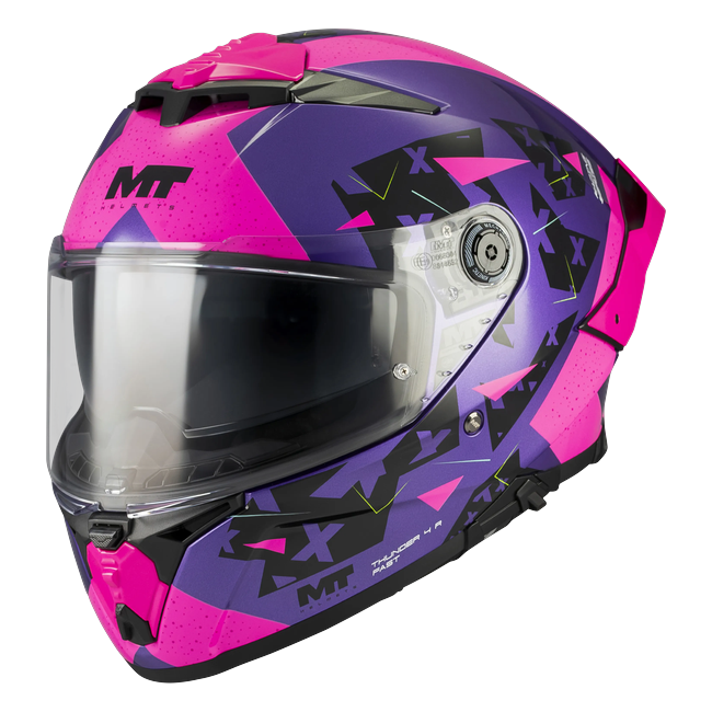 MT-Helmets Thunder 4 R SV Fast C8 full-face helmet in gloss purple and pink — front three-quarter view
