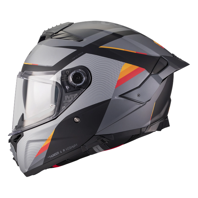 MT-Helmets Thunder 4 R SV Highway B5 full-face helmet in matt grey and orange — side view