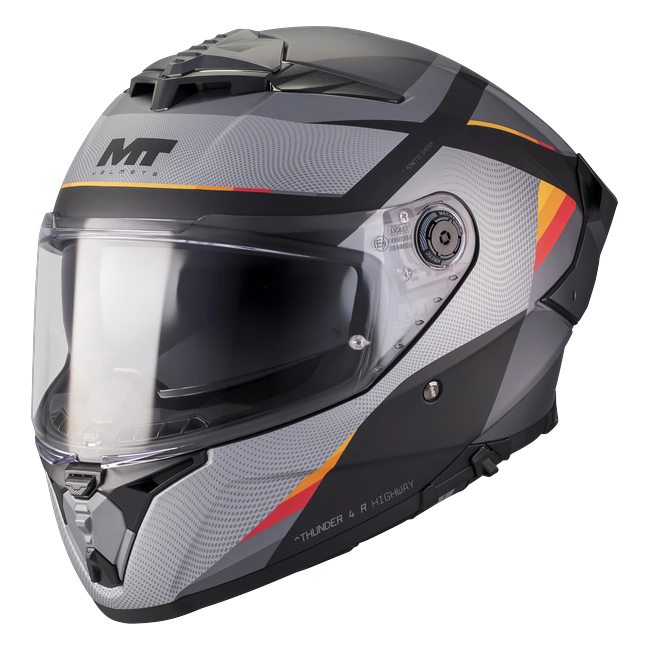 MT-Helmets Thunder 4 R SV Highway B5 full-face helmet in matt grey and orange — front three-quarter view