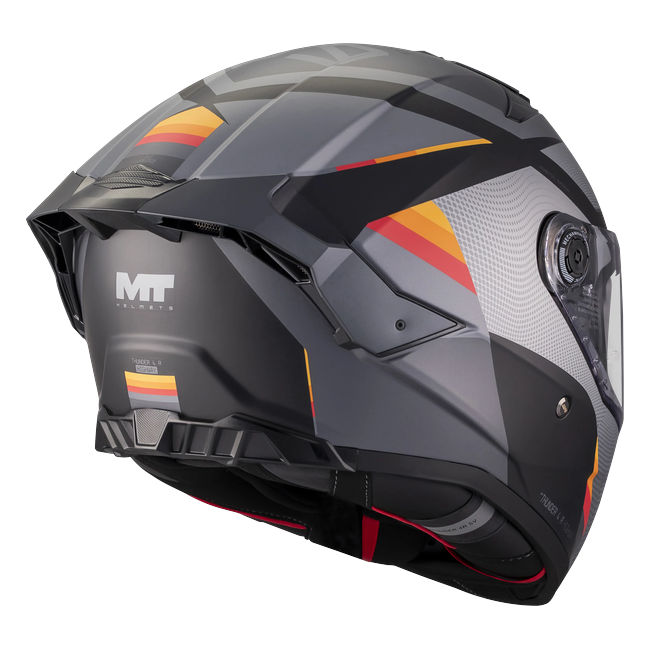 MT-Helmets Thunder 4 R SV Highway B5 full-face helmet in matt grey and orange — rear three-quarter view