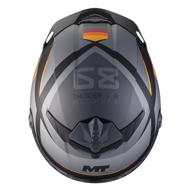 MT-Helmets Thunder 4 R SV Highway B5 full-face helmet in matt grey and orange — top view