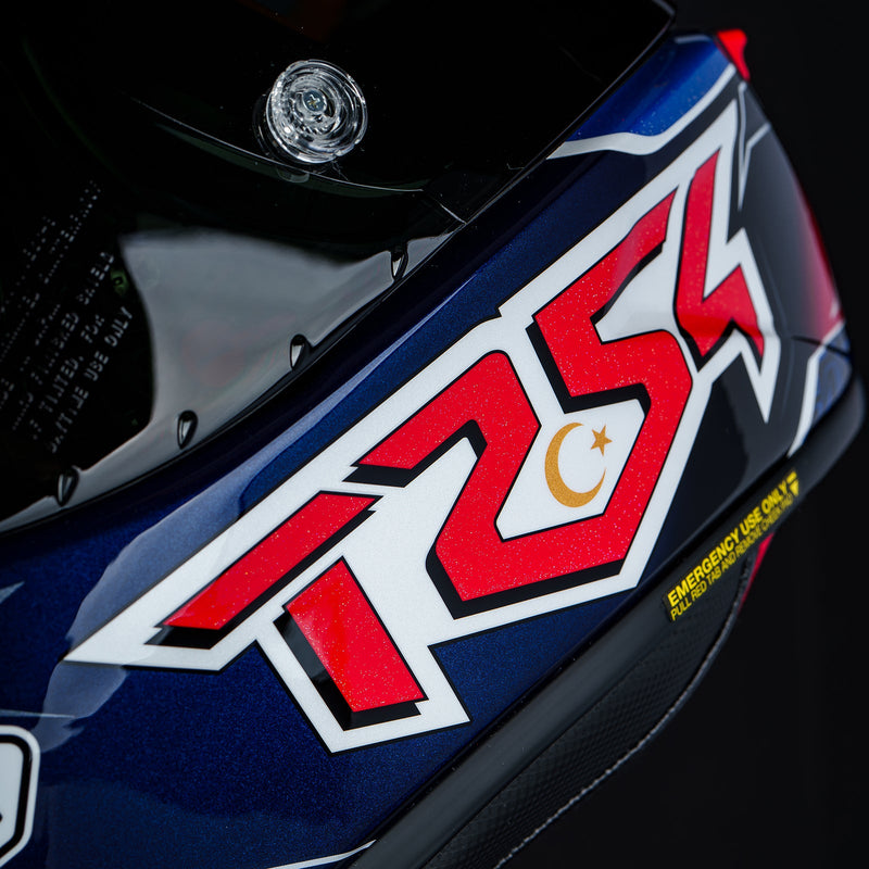 Shoei X-SPR PRO helmet in Toprak Razgatlıoğlu Replica 2025 gloss blue livery